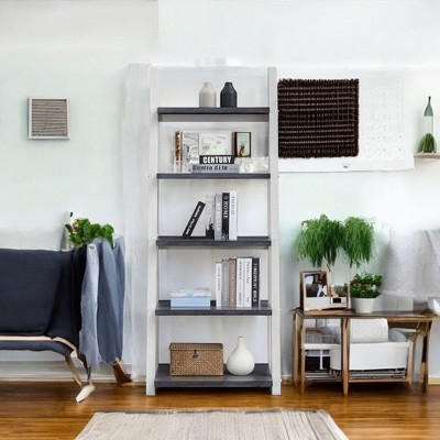 Aliang 28.50 Inch Modern Ladder Bookshelf with Five-Tier Shelves for Home and Office Storage - Grey White