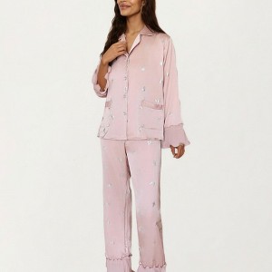 Anna-Kaci Lounge Women's 2-Piece Set Satin Pajama Top with Piping Detail and Ruffled Cuffs Paired with Matching Pants - 1 of 4