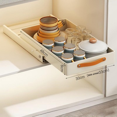 Pull Out Cabinet Organiser, Slide Out Cabinet Basket Organizer Heavy Duty, Self-Adhesive Kitchen Cupboard Organiser with Handle for Kitchen Cabinets