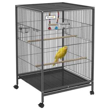 PawHut Metal Bird Cage with Stand for Parrots, Lovebirds, Finches, Large Bird Cage with Swing, Stained Steel Bowls, Removable Tray, Gray