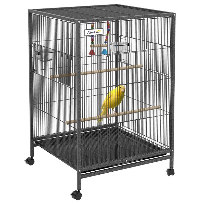 PawHut Metal Bird Cage with Stand for Parrots, Lovebirds, Finches, Large Bird Cage with Swing, Stained Steel Bowls, Removable Tray, Gray, 1 of 7