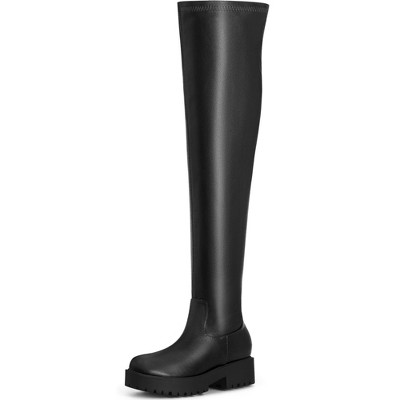 BLISSFUL STEP Women's Platform Round Toe Lug Sole Chunky Low Heel Over Knee High Boots