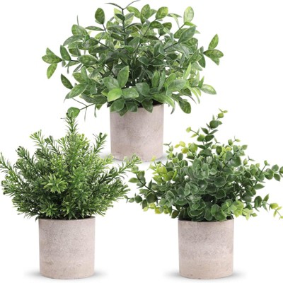 BRINJOY 3 Pack Mini Potted Fake Plants Artificial Plastic Eucalyptus Desk Decorations Home Office Desk Accessories Farmhouse Room Classroom Decor