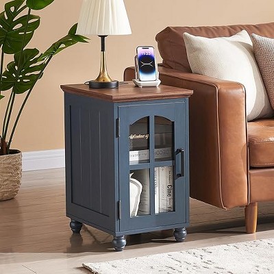 Gericco Narrow Side Table,Farmhouse Nightstand with Charging Station,End Table with Glass Barn Door Storage