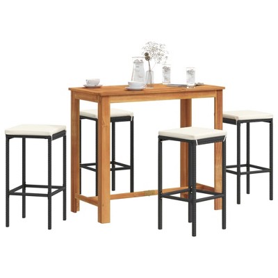 vidaXL 5-Piece Patio Bar Set - Black Poly Rattan & Solid Acacia Wood Table - Outdoor Bar Furniture with Washable Cushions