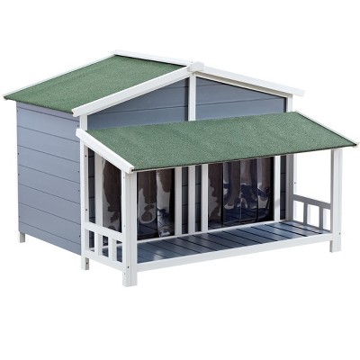 Gulches Blue Wood - Built Waterproof Dog House, Cottage - Style with Porch, Raised Floor, Asphalt Roof for Medium Dogs, 2 Doors