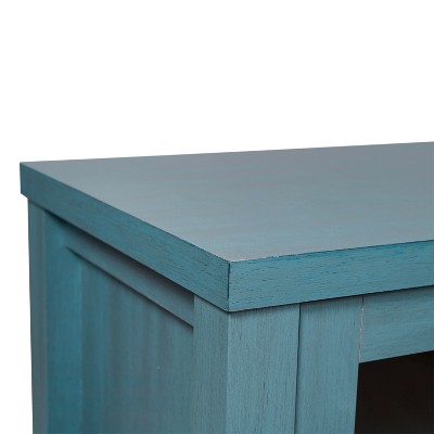 Teal Engineered Wood Buffet Sideboard with Glass Doors and Drawers