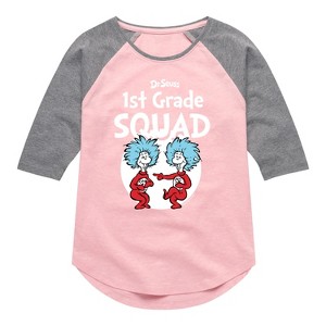 Girls' - Dr. Seuss - 1st Grade Squad Thing 1 and Thing 2 Shirt Tail Raglan Graphic T-shirt - 1 of 4