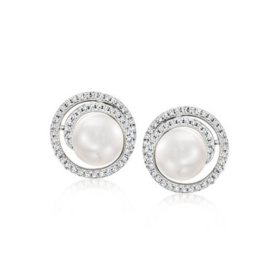 Ross-Simons 7-7.5mm Cultured Pearl and .26 ct. t.w. Diamond Spiral Earrings in 14kt White Gold