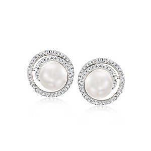Ross-Simons 7-7.5mm Cultured Pearl and .26 ct. t.w. Diamond Spiral Earrings in 14kt White Gold - 1 of 3