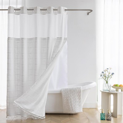 River Dream Farmhouse Linen Textured Shower Curtain with Snap-in Liner Set, No Hooks Needed, with Tassels for Rustic Bathroom Decor