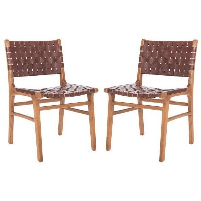 Cognac and Natural Woven Leather Side Chairs, Set of 2
