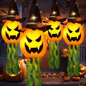 Racxily Halloween Decorations Outdoor Decor Hanging Lighted Glowing Pumpkin Witch Hat with 3 Modes Lighted Up Scary Orange Halloween Decorations - 1 of 3