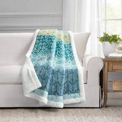Bohemian Blue and Green Cotton Sherpa Throw Blanket