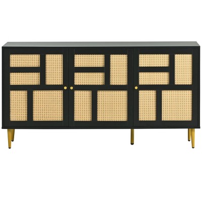 Modern TV Stand with Rattan Door Metal Handles Support Legs