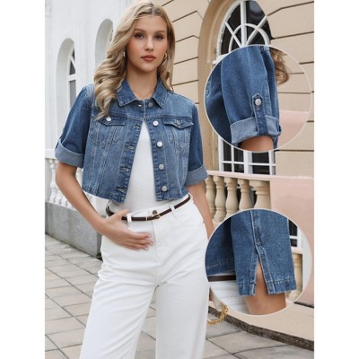 INSPIRE CHIC Women's Denim 2026 Casual Turndown Collar Button Down Half Sleeve Crop Jean Jacket X-Small Blue — фото 2