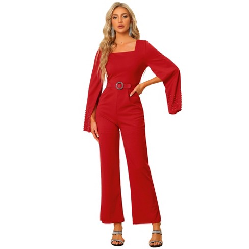 Unique Bargains Women's Elegant Jumpsuit Square Neck Long Sleeve Wide Leg  Long Pants Dressy Romper