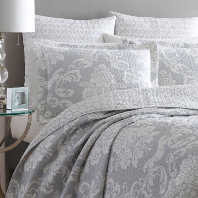 Gray Twin Cotton Reversible Quilt Set with Floral Pattern
