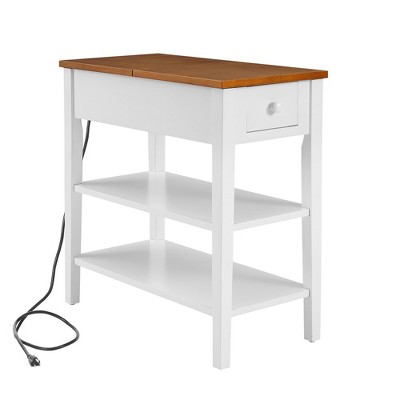 White and Brown MDF Narrow End Table with Charging Station