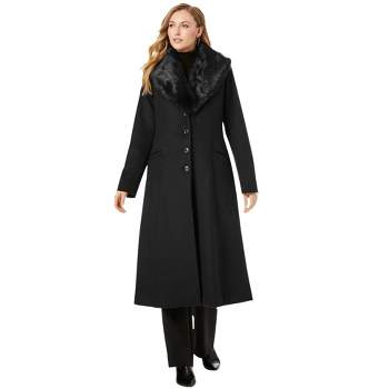 Jessica London Women's Plus Size Long Wool-Blend Coat with Faux Fur Collar