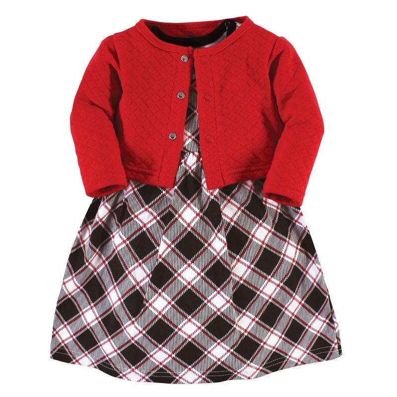 Hudson Baby Toddler and Baby Girl Quilted Cardigan and Dress, Black Red Plaid, 1 of 5