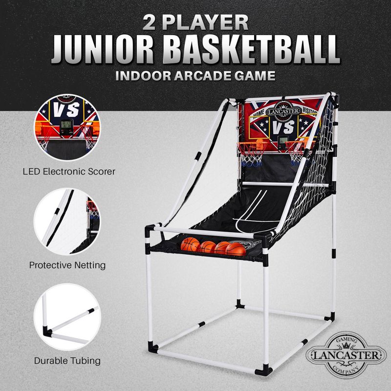 Lancaster 2 Player Junior Indoor Arcade Basketball Dual Hoop Shooting Rec Room Game Set with 4 Basketballs, Air Pump, and LED Scoreboard, 2 of 7