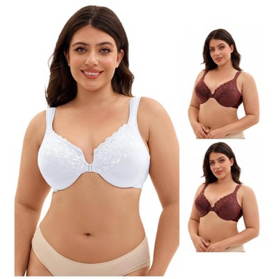 INSPIRE CHIC 3 Pcs Women's Front Closure Lace Trim Underwire Adjustable Straps Plunge Bras
