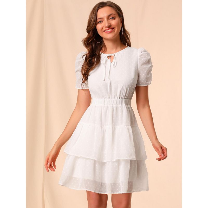 Allegra K Women's Swiss Dots Ruched Short Sleeve Elastic Waist Layer Ruffle Hem Dress, 2 of 6