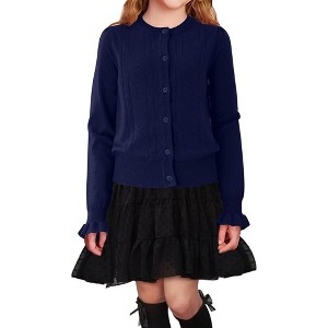 Girls Long Sleeve Cardigan Sweater Crew Neck Uniform Knit Sweater Button Down Ruffle - 1 of 4