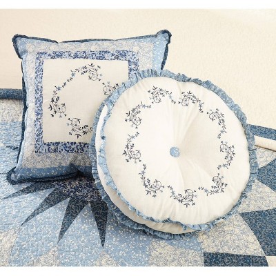 Charlotte 14'' Round Embroidered Blue and White Decorative Pillow