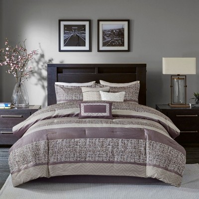 Kumasinova 7Pcs Luxurious Jacquard Comforter Set with Shams,Decor Pillows&Bed Skirt,Transitional Style Bedding Set,Machine Washable,Purple