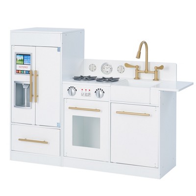Play Kitchen for Kids – Teamson Charlotte Wooden Pretend Kitchen Playset with Farmhouse Sink, Realistic Features, White/Gold