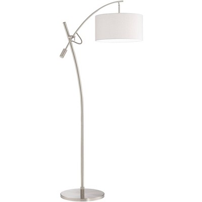 Adjustable Brushed Steel Arc Floor Lamp with Off-White Linen Shade