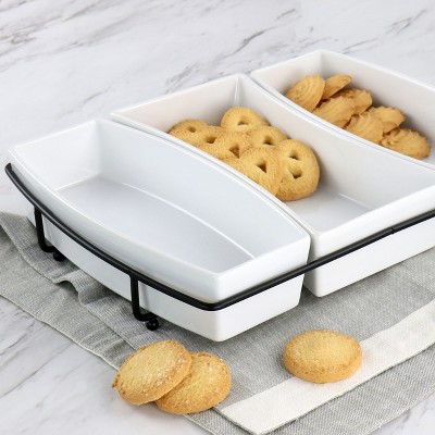 Elegant White Ceramic Tidbit Serving Set with Metal Rack