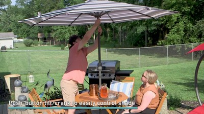 Navy Blue Striped Aluminum Market Umbrella with Solar LED Lights