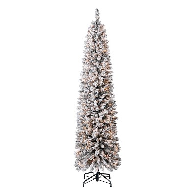 Evergreen Classics 7 Foot Pre Lit Lowell Flocked Pencil Pine Artificial Christmas Tree with Clear White Lights and Pre Decorated Pinecones