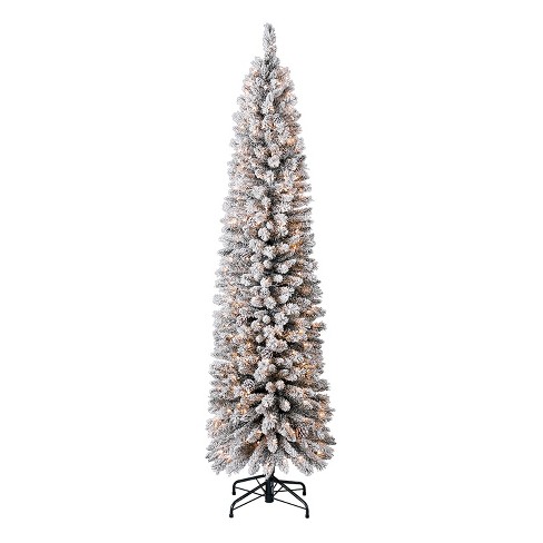 Evergreen Classics 7 Foot Pre Lit Lowell Flocked Pencil Pine Artificial Christmas Tree With Clear White Lights And Pre Decorated Pinecones : Target