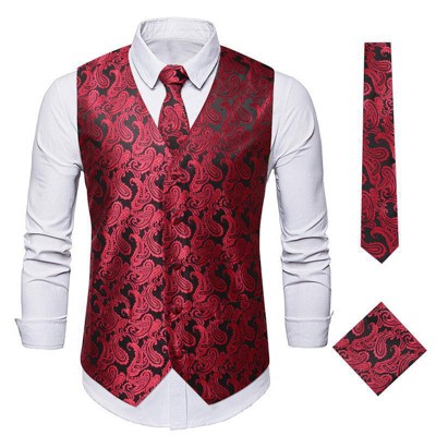 Mens Vest Tie Set Paisley Vest and Necktie Pocket Square 3pc Formal Dress Waistcoat for Suit or Tuxedo