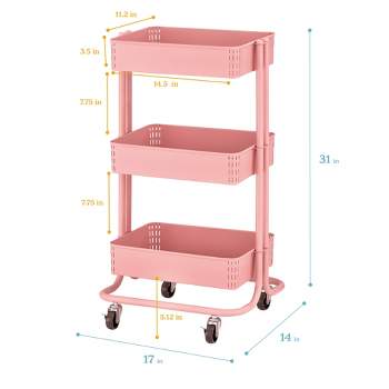 ECR4Kids 3-Tier Metal Rolling Utility Cart, Multipurpose Storage, Pink