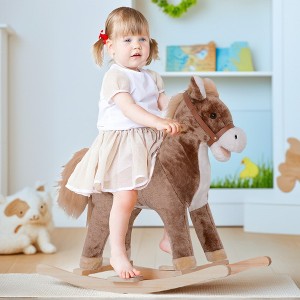 Angel Sar Kids Rocking Horse with Padded Seat, Solid Wood Rocker for Toddlers 3+, Brown/White Plush Toy Horse - 1 of 4