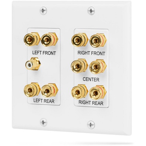 Fosmon 2-Gang 5.1 Surround Sound Distribution Wall Plate w/ Gold Plated 5-Pair Copper Binding Posts + 1 RCA Jack - White - image 1 of 4