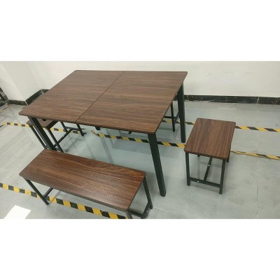 5-Piece Dining Table Set for 4-8 People, 63" Large Extendable Kitchen Table Set with 2 Benches and 2 Square Stools, Easy Assembly