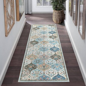 Washable Vintage Floral Rug Non Slip Low Pile Rug Soft Distressed Throw Floor Cover Foldable Indoor Carpet for Living Room Bedroom Playroom Nursery - 1 of 4
