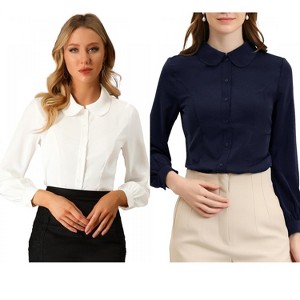 Allegra K Women's Work Peter Pan Collar Long Bishop Sleeve Button Down Shirt 2 Packs - 1 of 4