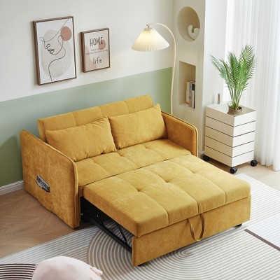 [VIDEO provided]Polyester Polyester Polyesterll-out sofa bed,sleeper loveseat couch with adjustable armrests-Yellow