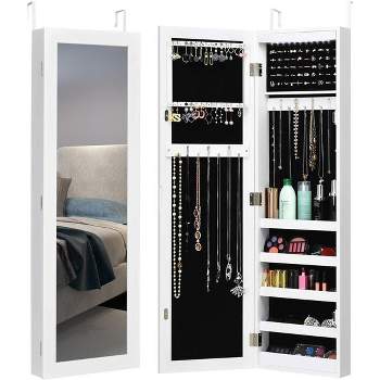 Costway Wall Door Mounted Mirrored Jewelry Cabinet Organizer Storage w/LED Light White