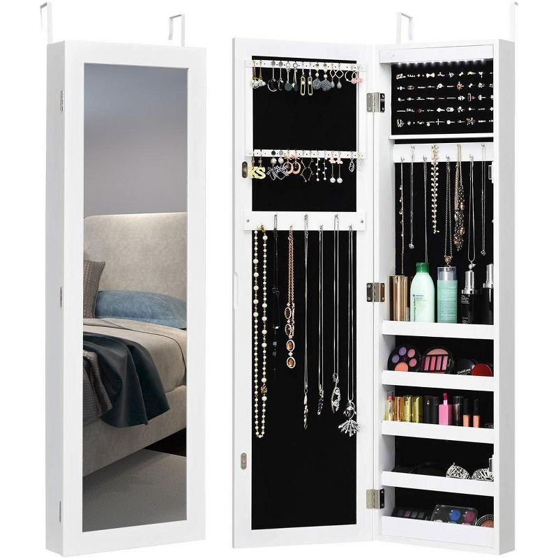 Costway Wall Door Mounted Mirrored Jewelry Cabinet Organizer Storage w/LED Light White, 1 of 11
