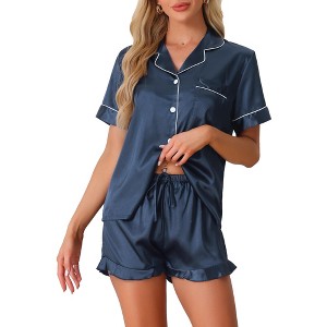 cheibear Women's Fashion Silky Satin Short Sleeve Top with Ruffle Hem Shorts Lounge Sets 2 Pcs - 1 of 4