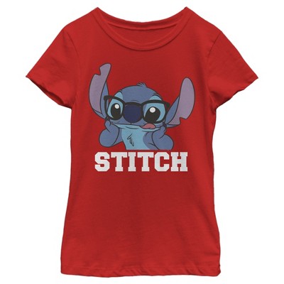 Girl's Lilo & Stitch Silly Black Glasses T-shirt - Red - Large : Target