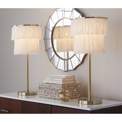 LumiSource (Set of 2) Fringe 25" Contemporary Metal Buffet Lamps Royal Gold Metal and White Fringe from Grandview Gallery: Elegant Accent Lighting
